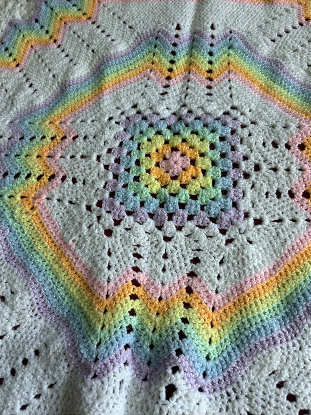 Handmade White Baby Crochet Blanket with Pastel Rainbow Accent - Picture 2 of 2